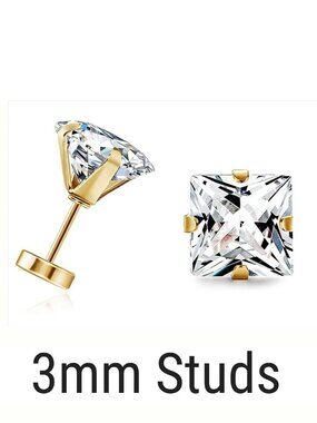 14kt Gold Plated 3mm Princess Cut Flat-Backs Earrings